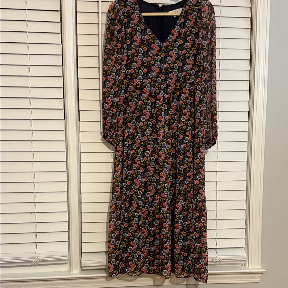 LOFT Floral Long Sleeve Dress in Black and Pink